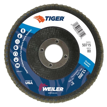 Weiler 5" Tiger Disc Abrasive Flap Disc, Flat (TY27), 80Z, 7/8" 50715